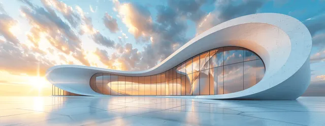 A white futuristic building with curved glass windows and sunlit concrete floor glows at sunrise.