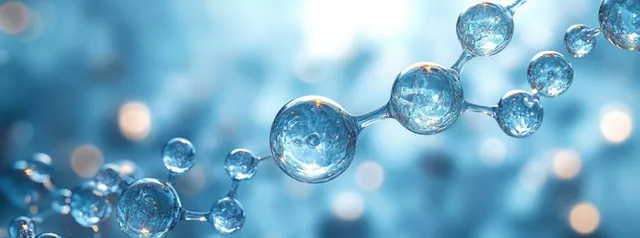Connected transparent blue spheres form a molecular structure floating over a blurred blue science background.