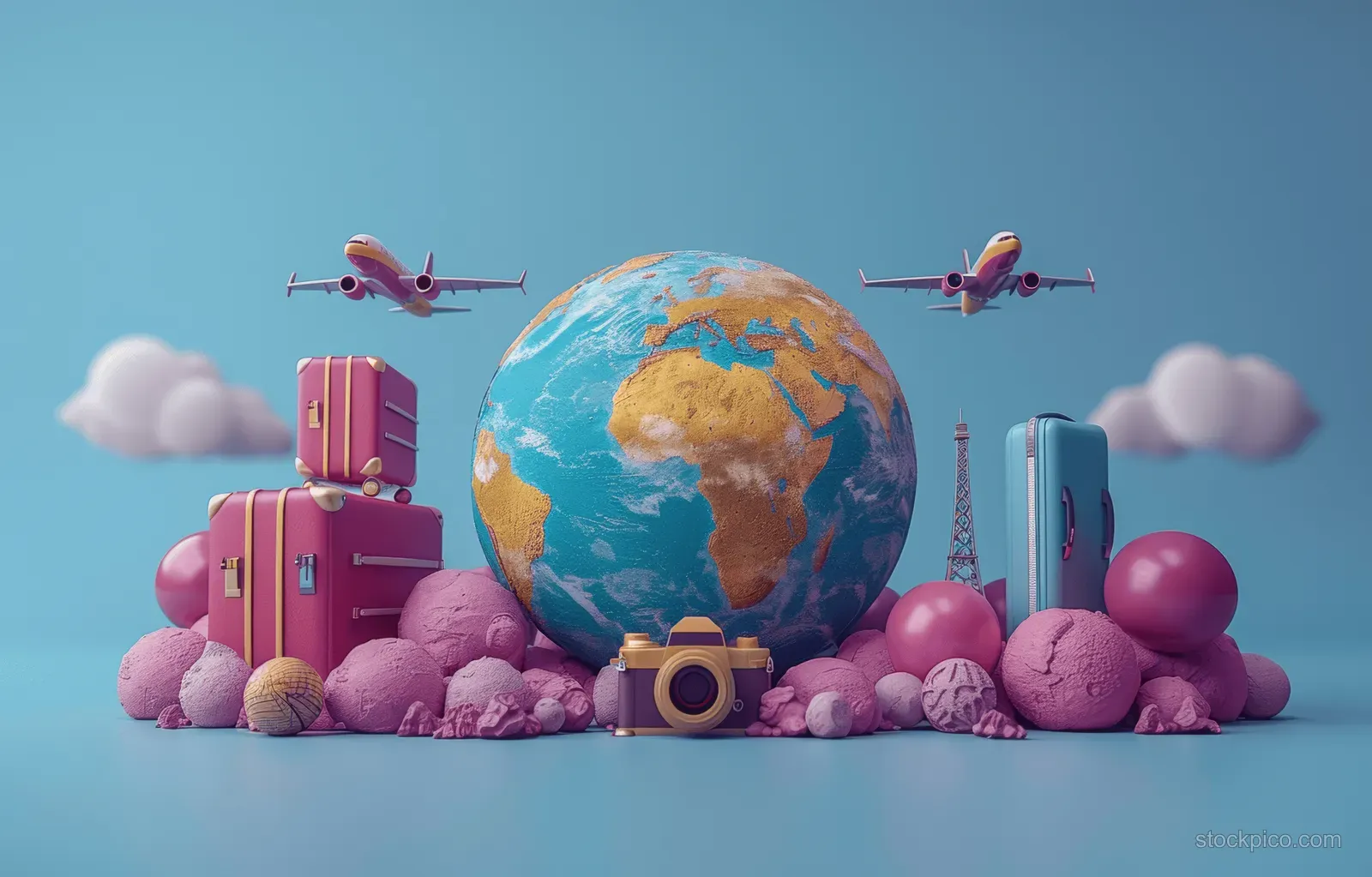 Colorful globe centered on pastel clouds and rocks with pink suitcases and two planes flying above.