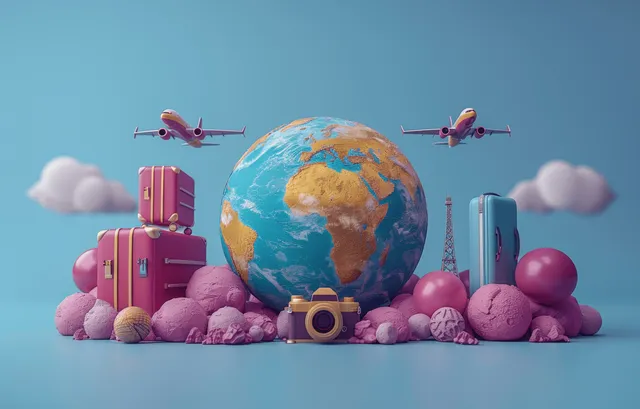 Colorful globe centered on pastel clouds and rocks with pink suitcases and two planes flying above.