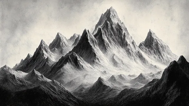 Black and white illustration of jagged mountain peaks and ridges disappearing into mist under a cloudy sky.