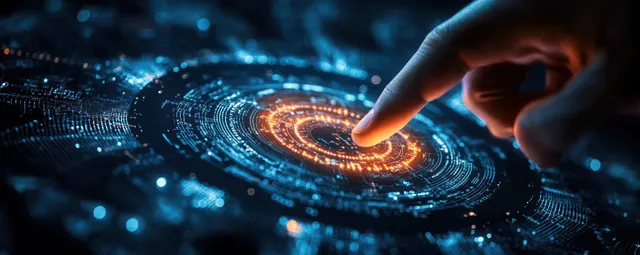 Finger touches glowing circular holographic UI with blue and orange data rings