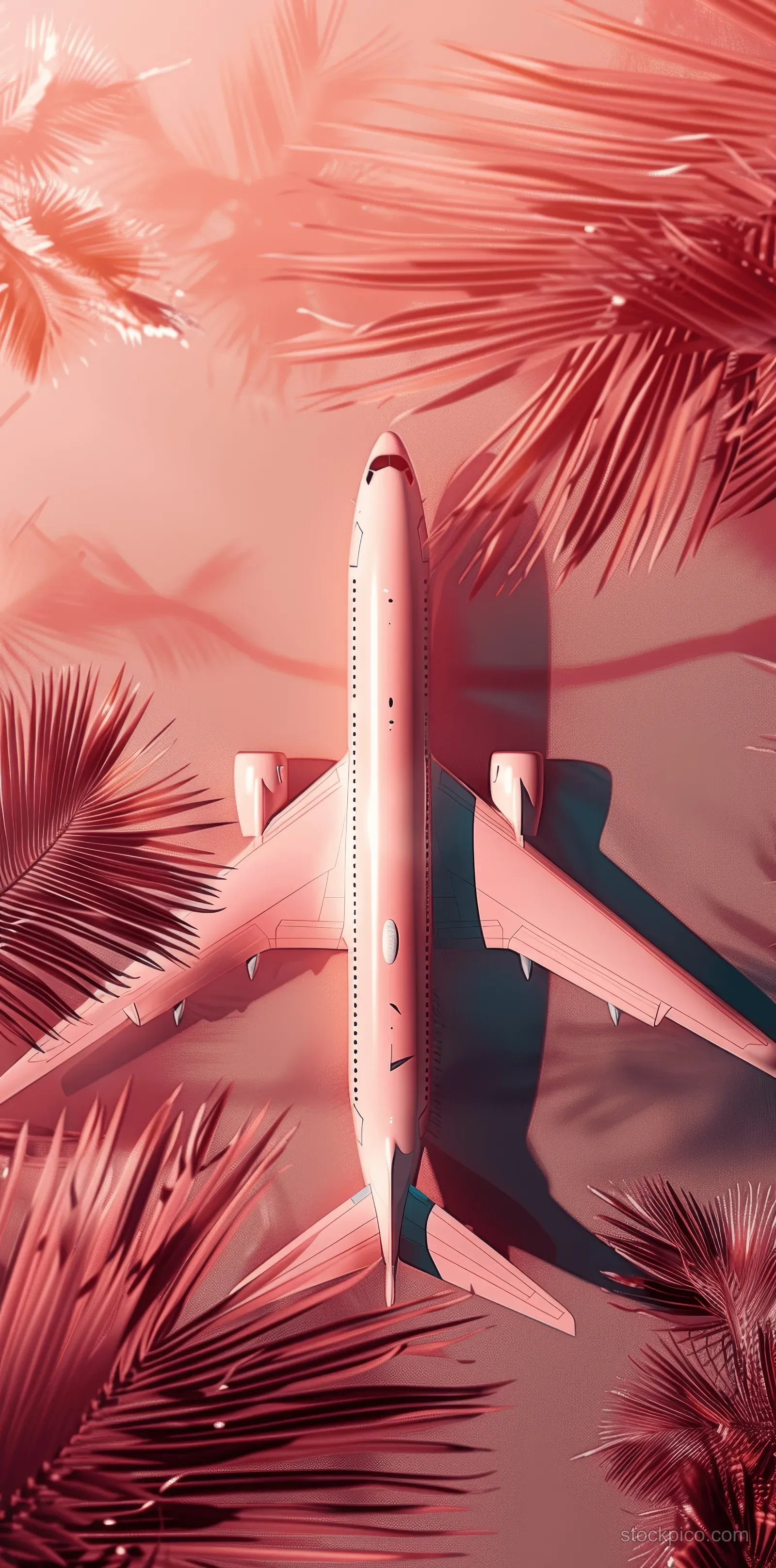 A minimalist 3D airplane rests on a pastel peach backdrop surrounded by palm leaves.