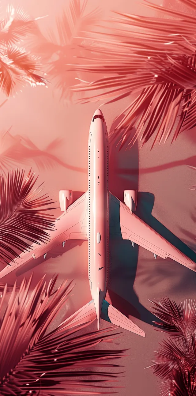 A minimalist 3D airplane rests on a pastel peach backdrop surrounded by palm leaves.
