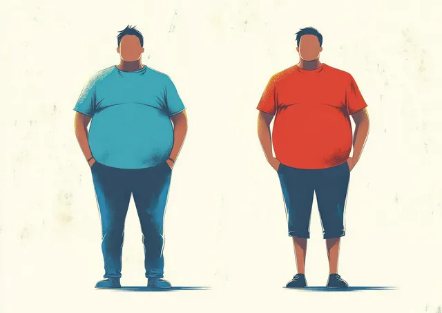 Side-by-side illustrated men with different body types standing in daylight, clean flat colors