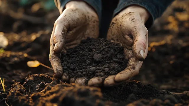 Gloved hands hold dark fertile soil above a sunlit garden bed with blurred plants behind.