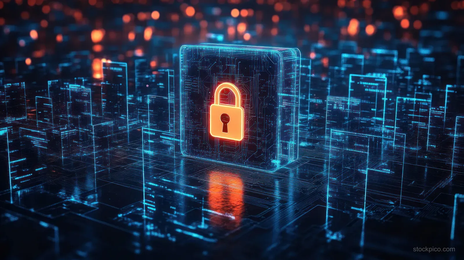A glowing cyber lock secures a network endpoint over blue data grids with warning lights.