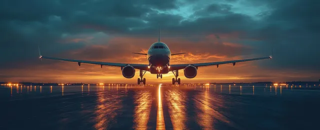 Airplane descending toward a runway at sunset, with bright lights reflecting across wet ground.
