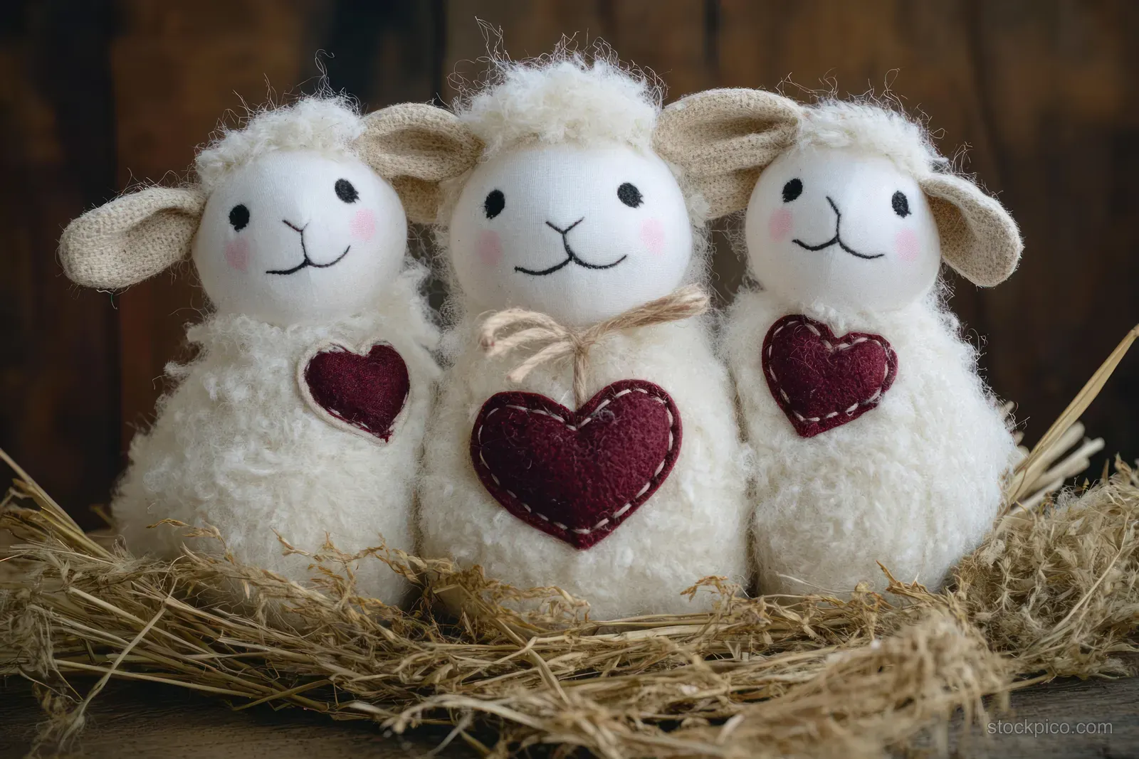 Three plush sheep with stitched red hearts sit in straw for a holiday greeting card scene.