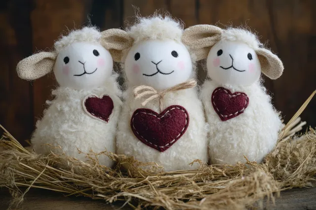 Three plush sheep with stitched red hearts sit in straw for a holiday greeting card scene.