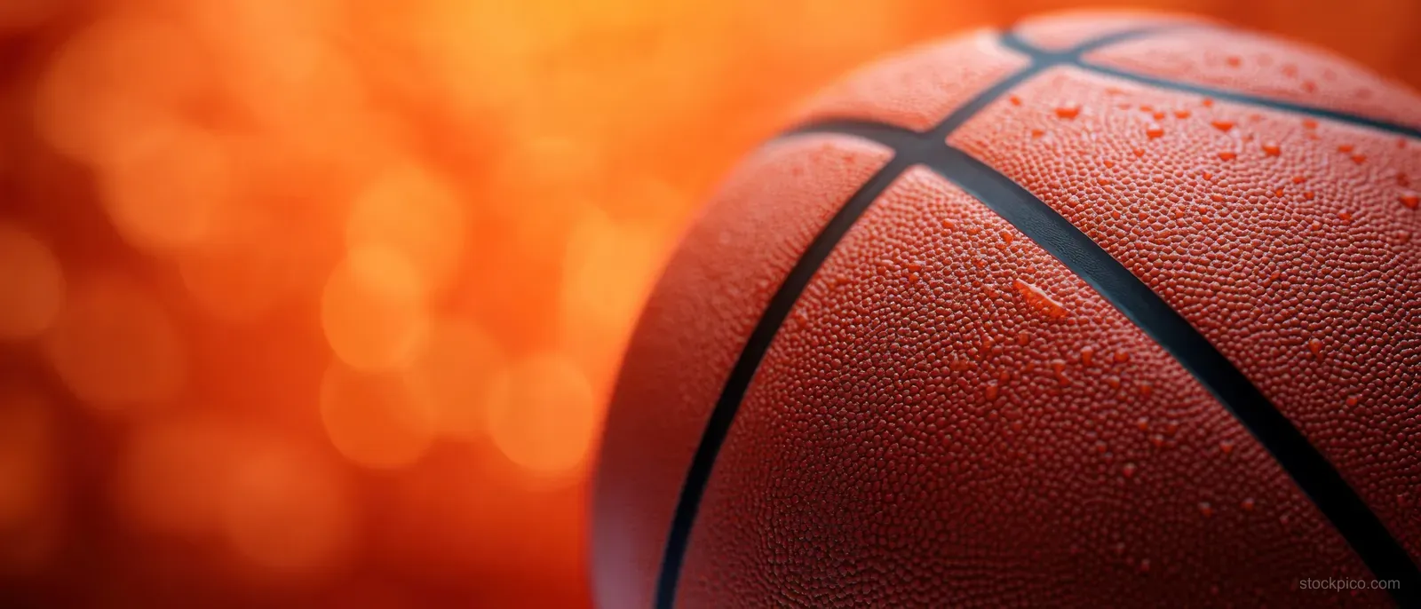 Wet basketball close-up with water droplets on textured surface against an orange blurred background.