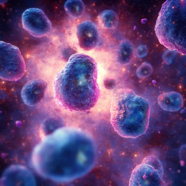 Glowing virus particles drift through a dark purple background resembling a biomedical lab microbiology scene.
