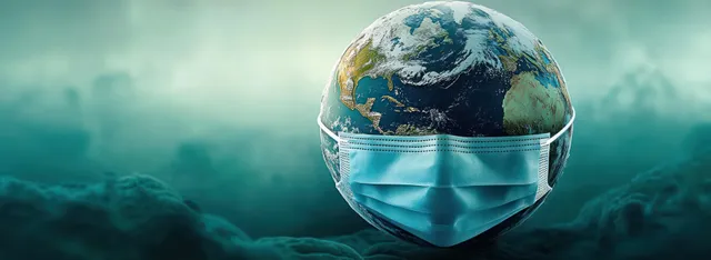 Globe wearing a blue medical mask with teal misty glow, symbol of global health safety