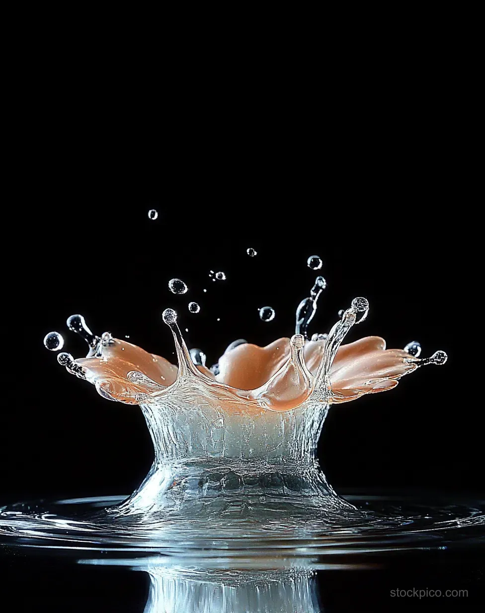 Clear water splash erupts into sparkling droplets, forming ripples on a dark glossy background.