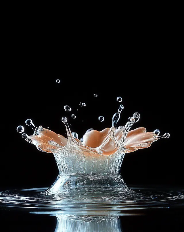 High-speed water splash close-up with sparkling droplets rising from a glassy black surface