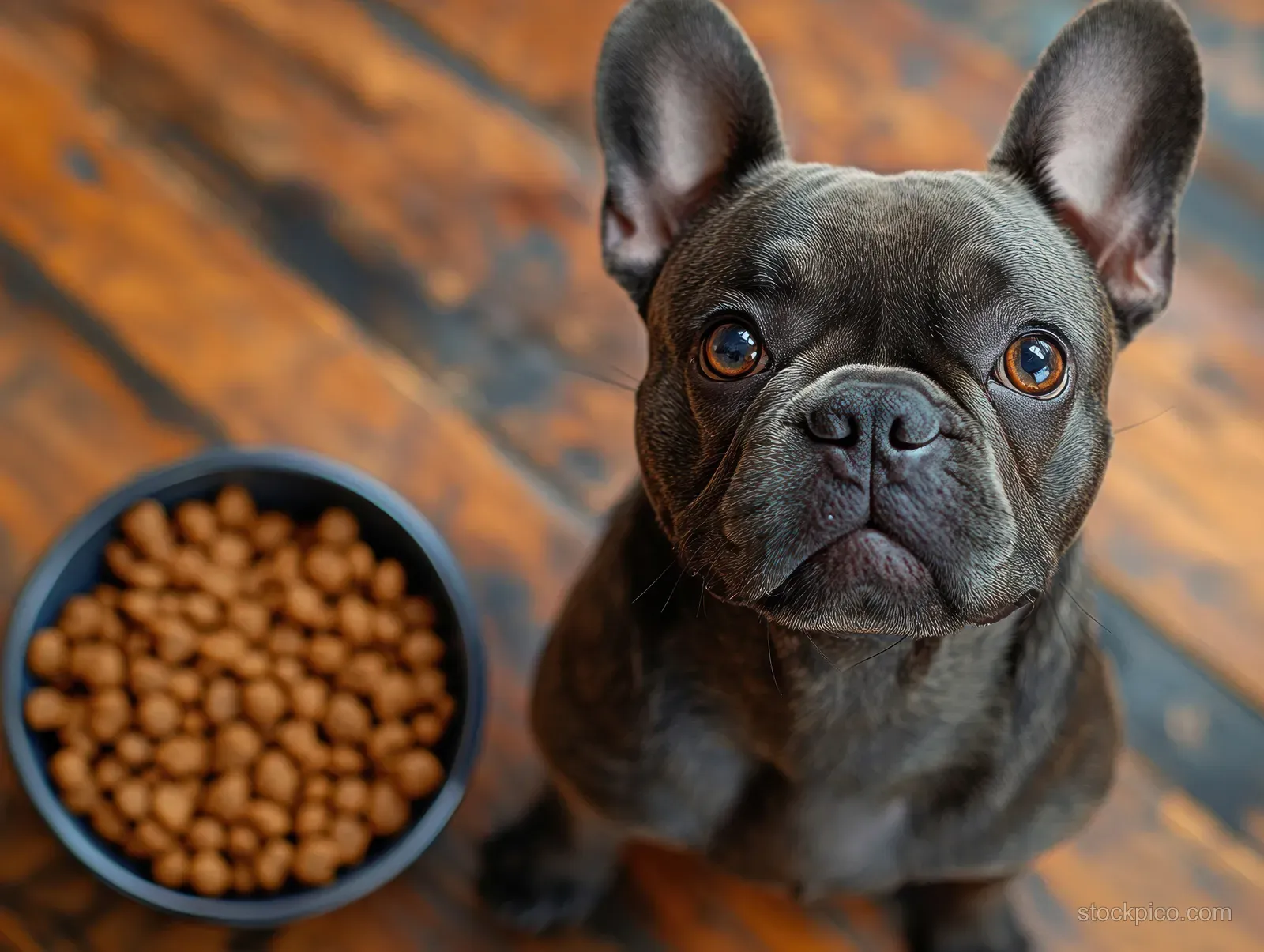 French bulldog puppy sits beside a bowl of dry kibble under warm soft indoor light.