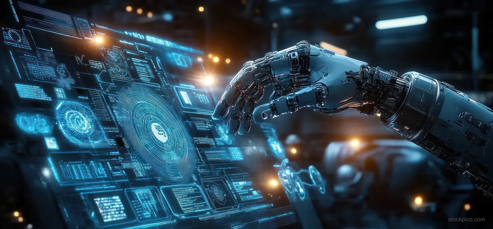 Robotic arm welding in a factory control room with glowing blue data dashboards and control interface screens.