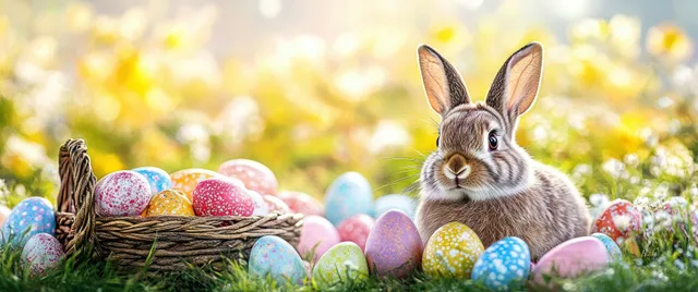 A rabbit sits next to a basket overflowing with colorful Easter eggs in a sunlit spring meadow.