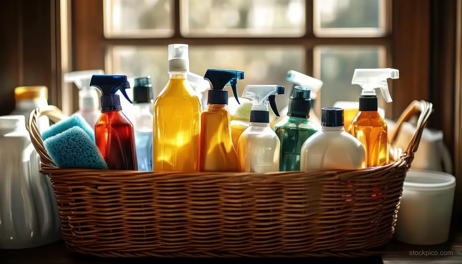 Wicker basket filled with colorful spray bottles and cleaning liquids sits on a wooden surface by a sunlit window.