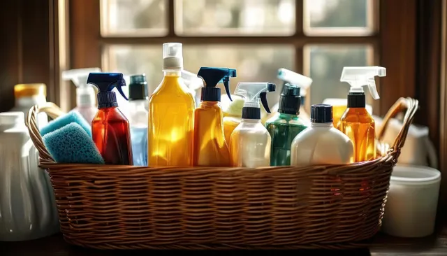 Wicker basket filled with colorful spray bottles and cleaning liquids sits on a wooden surface by a sunlit window.