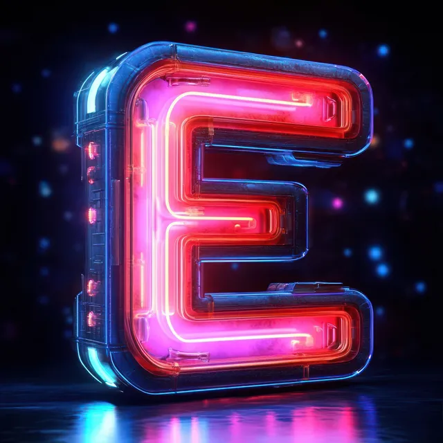 Neon letter E glowing in red pink and blue tubes on dark reflective background
