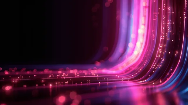 Neon light trails curve across a dark floor with pink purple glow reflections