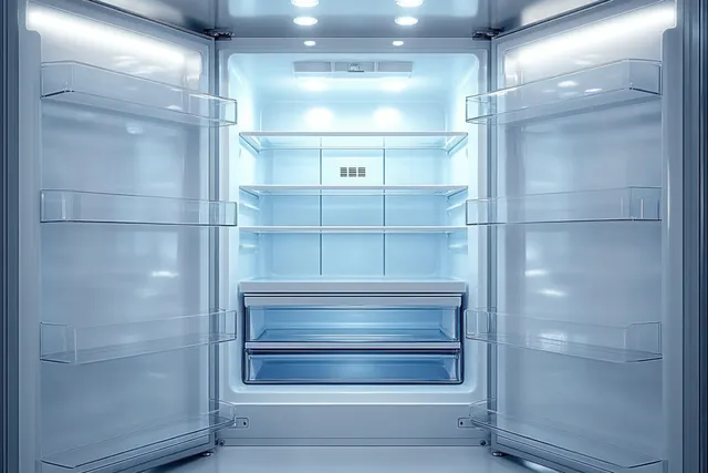 Open empty modern refrigerator with illuminated transparent shelves and cool white interior light.