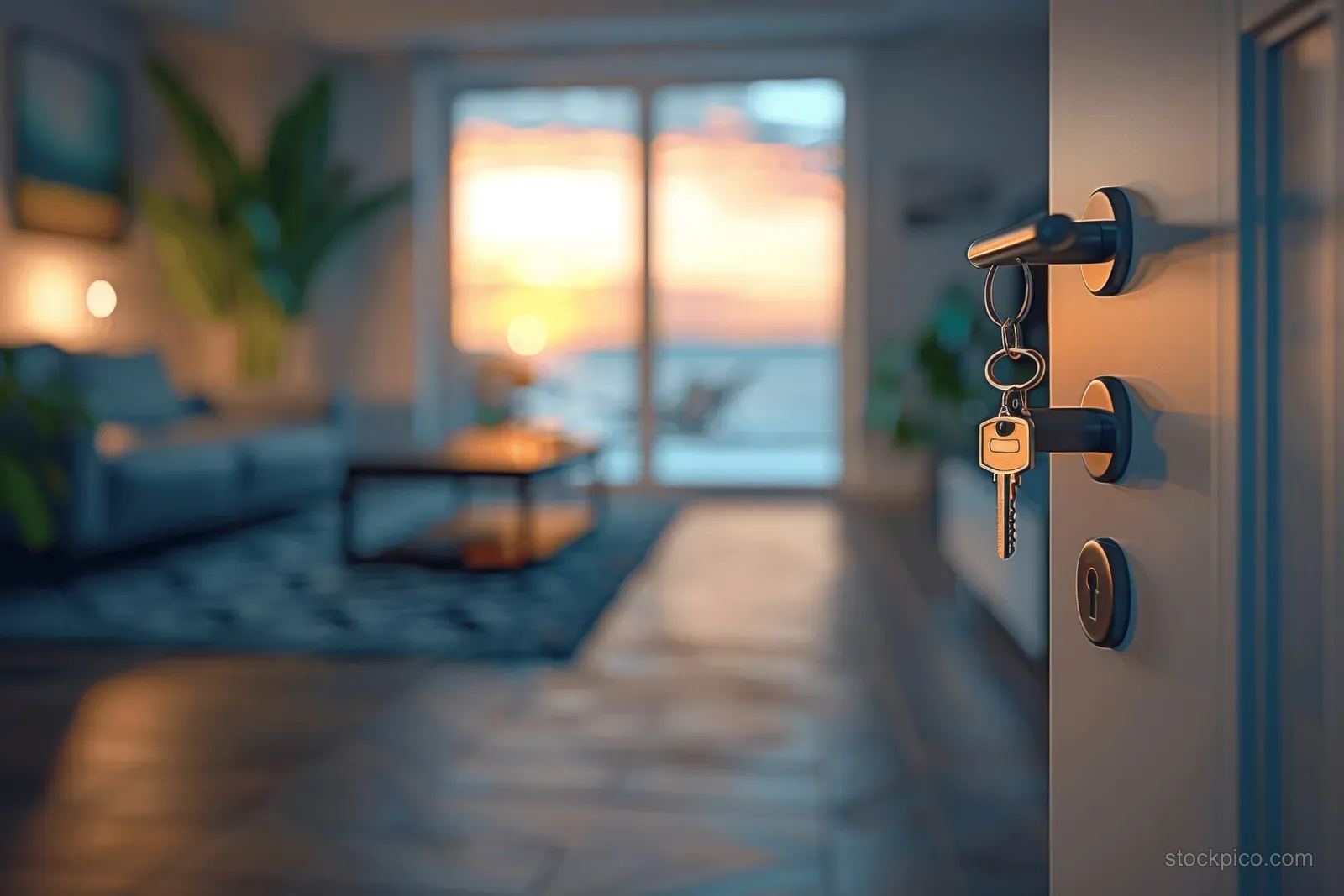 Open door shows a Scandinavian living room with large windows and hanging keys beside the lock.