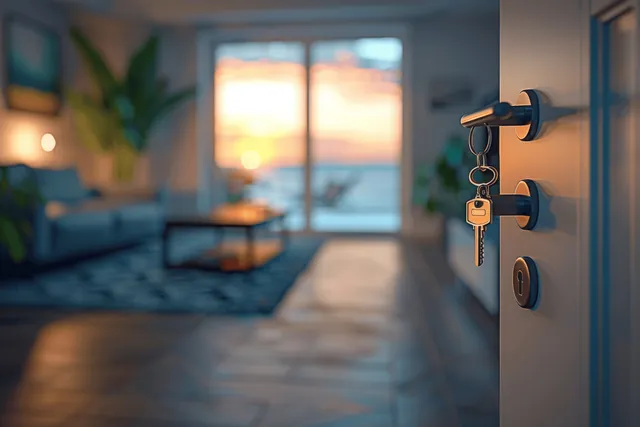 Open door shows a Scandinavian living room with large windows and hanging keys beside the lock.