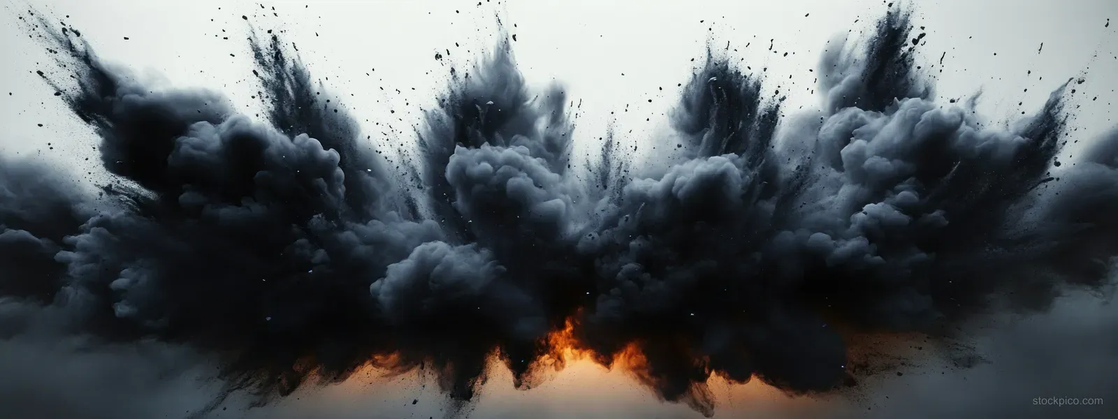 Dense black smoke plume bursts upward with charcoal dust particles against a light background.