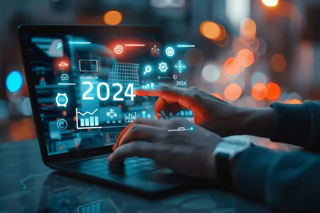 Businessman reviewing 2024 strategy on digital tablet with AI analytics and eco metrics