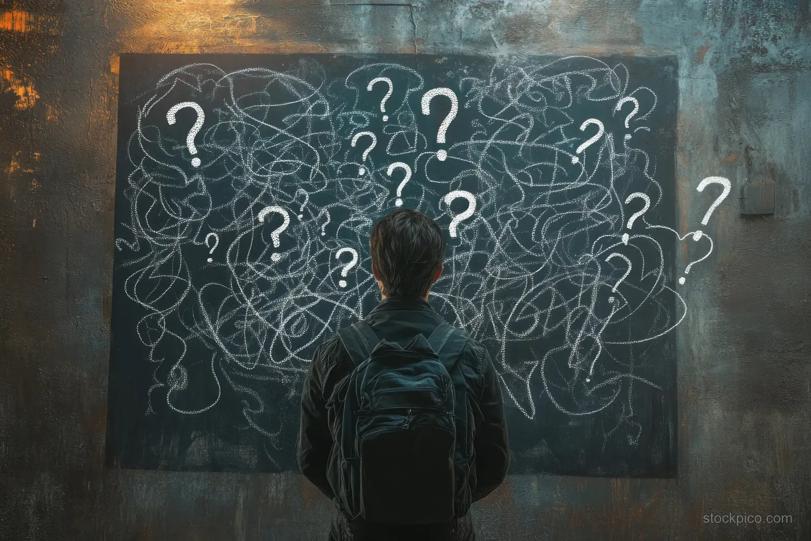 A businessman stands in front of a chalkboard covered with tangled lines and question marks.