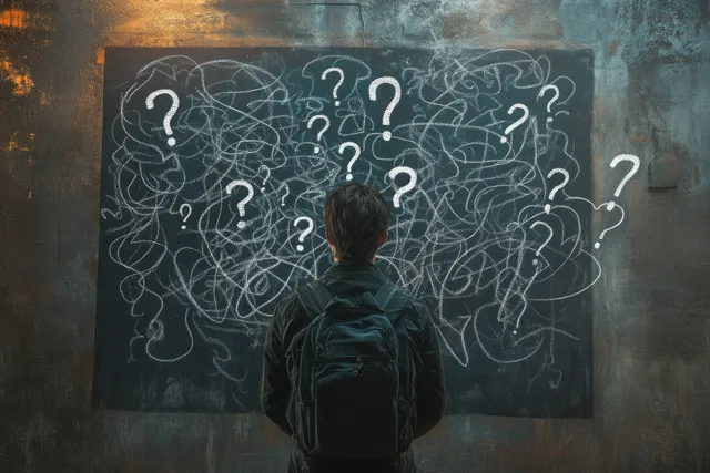 Businessman Facing Tangled Questions on a Chalkboard in Dim Light