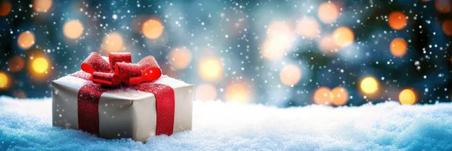 A red ribbon Christmas gift box on snowy ground with pine cones, fir branches, and glowing Christmas lights.