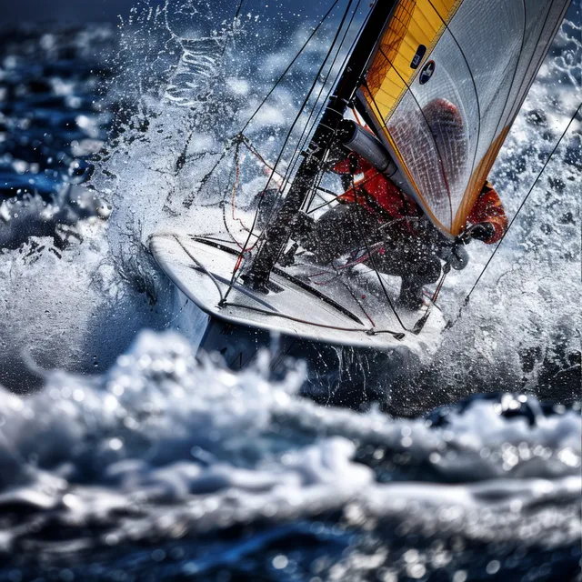 Swedish laser sailboat crew leans into strong wind as foamy waves splash around the hull during a race.