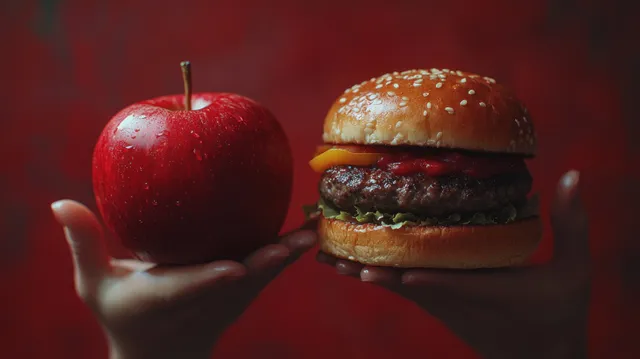 A hand holds a red apple next to a hamburger on a dark background.