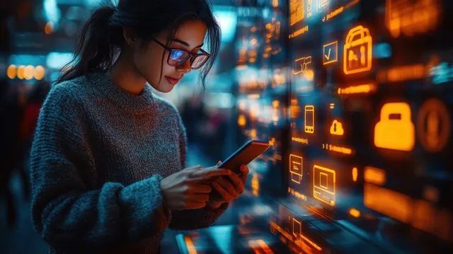 Businesswoman using a smartphone with glowing e-commerce and security icons projected in a night city setting.