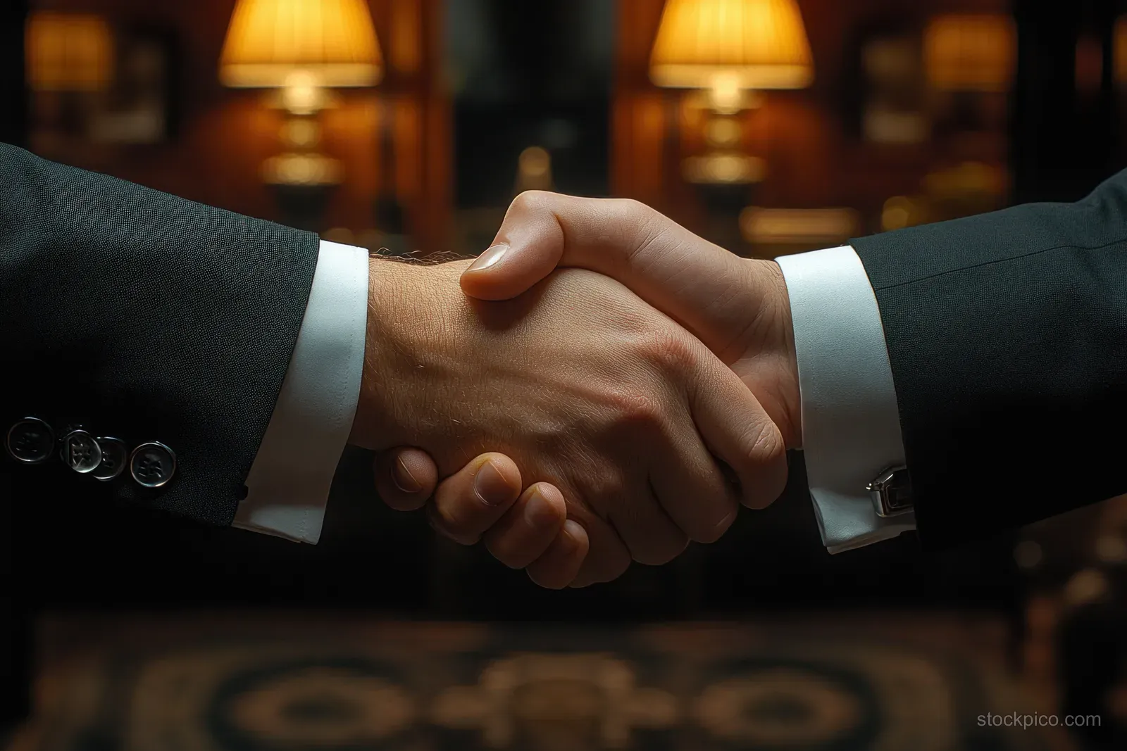 Two suited professionals complete a handshake in a conference room with warm lighting behind them.