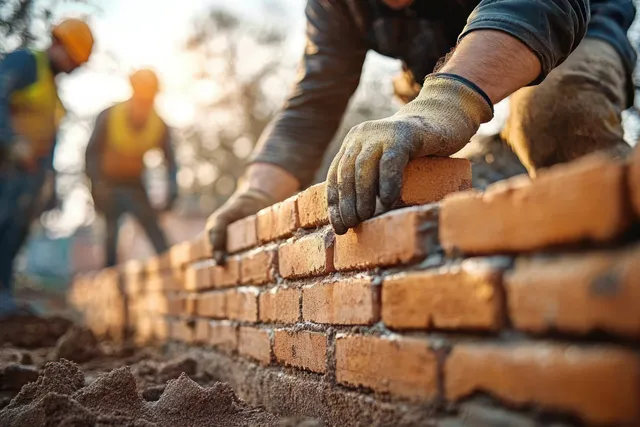 Gloved hands set bricks in mortar on a wall at a sunlit construction site with blurred workers behind.
