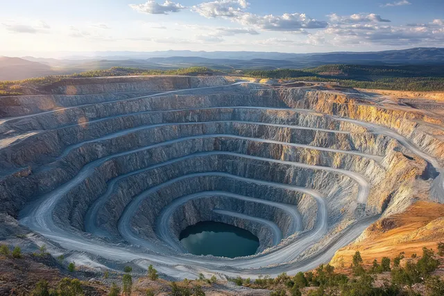 Aerial view of a terraced open pit mine with a winding road and a water-filled pit surrounded by forest.