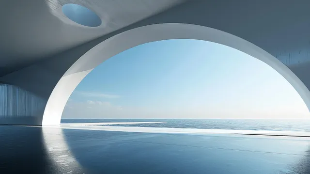 Minimalist interior with a glowing round arch window revealing a blue ocean and sky horizon.