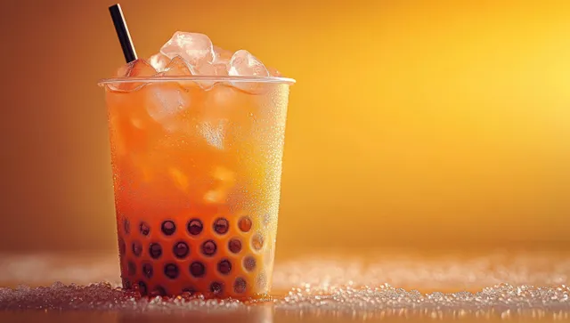 Un vaso transparente de té helado de durazno con cubitos de hielo y perlas de tapioca sobre un cálido resplandor de fondo dorado.