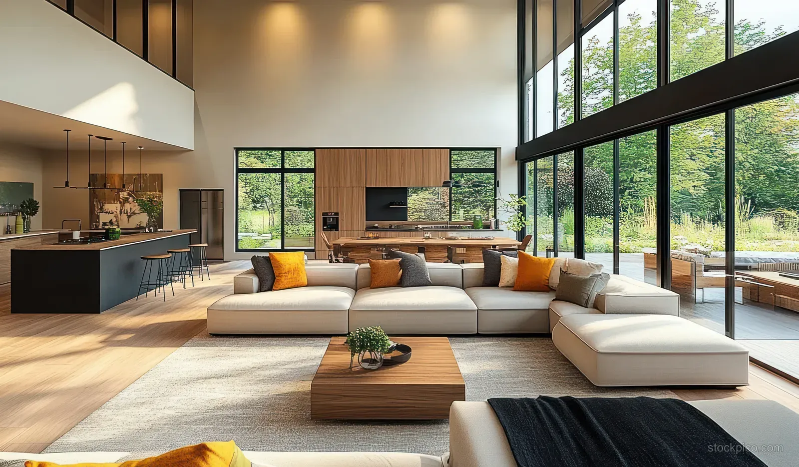Sunlit open-plan living room with sectional sofas, wood panel accents, and a kitchen view through large windows.