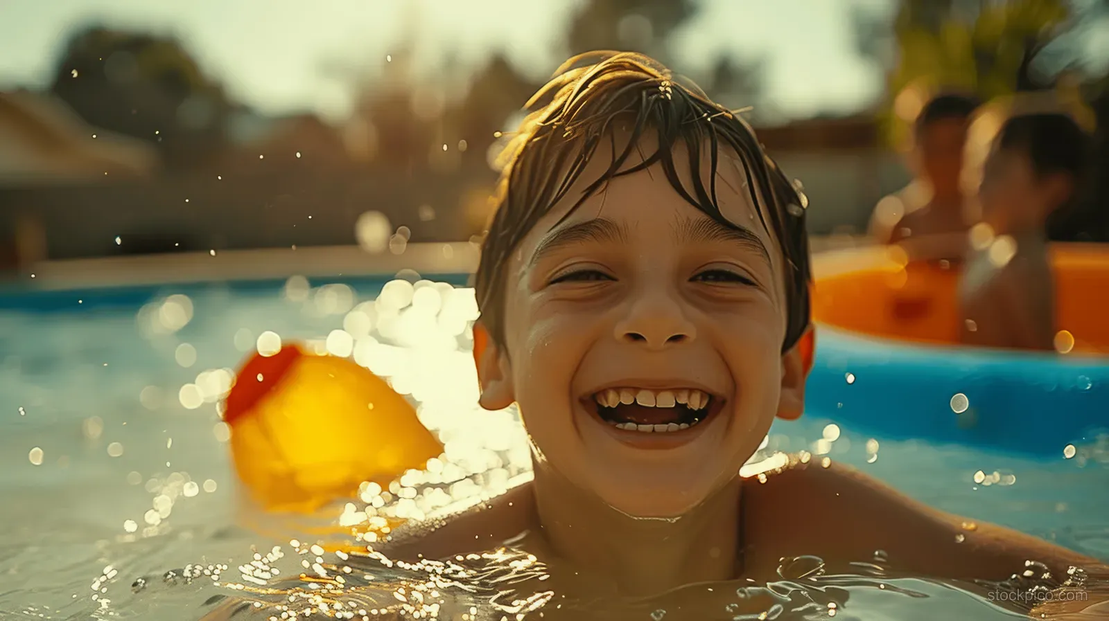A laughing boy splashes water in a sunny outdoor pool during summer.