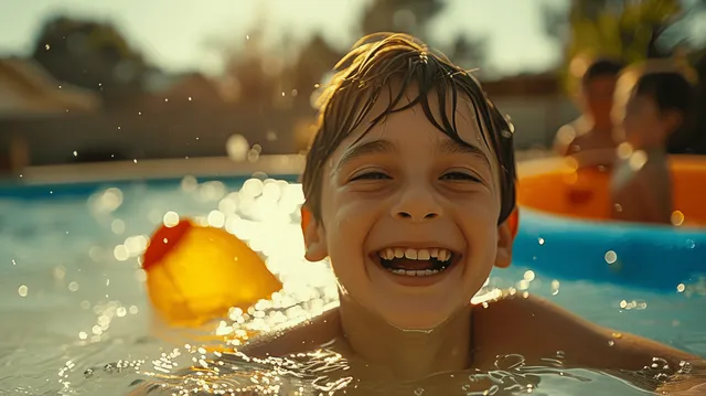 A laughing boy splashes water in a sunny outdoor pool during summer.