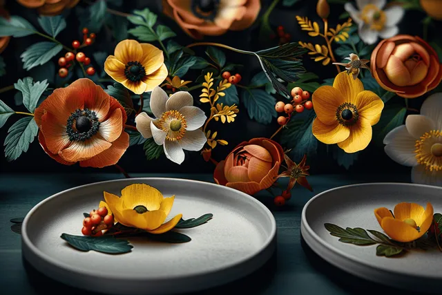 Art Nouveau floral arrangement pattern with orange and teal flowers and leaves on a dark green background.