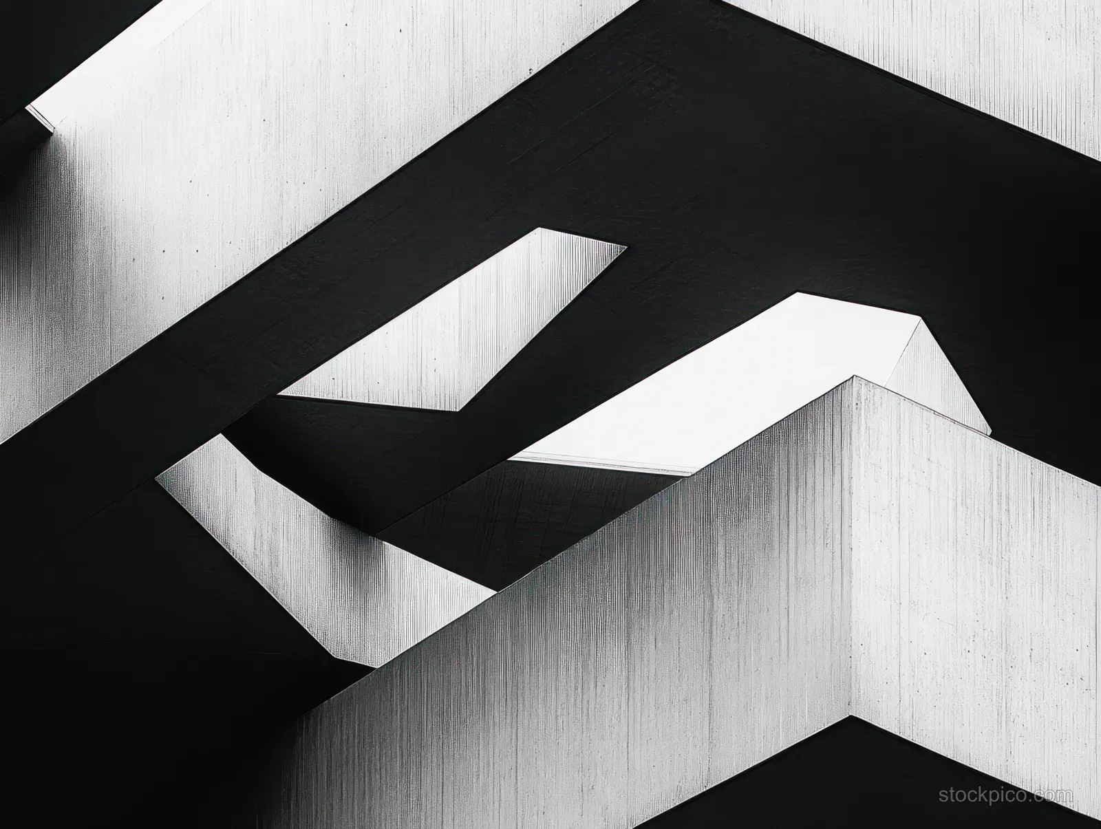 Angular concrete building facade with geometric cutouts and contrasting shadows across a textured surface.