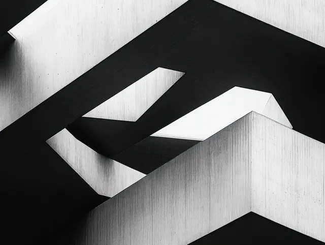 Angular concrete building facade with geometric cutouts and contrasting shadows across a textured surface.
