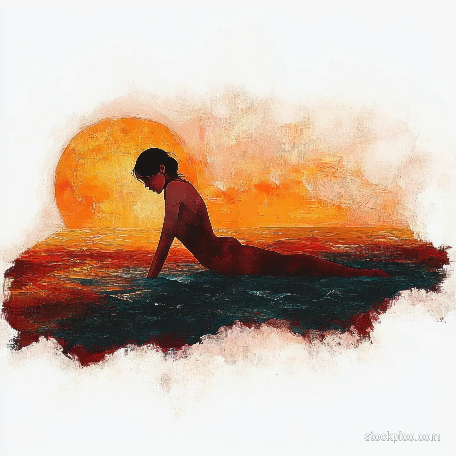 Silhouette of a person kneeling in dark water with an orange sunset sky behind textured clouds.