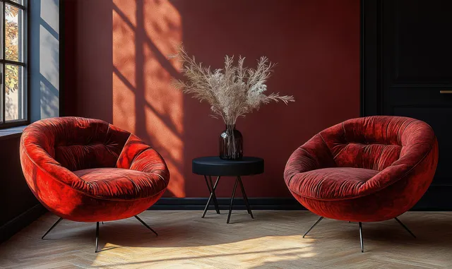 Two burgundy velvet lounge chairs face a small black side table with dried flowers in a dark modern room.